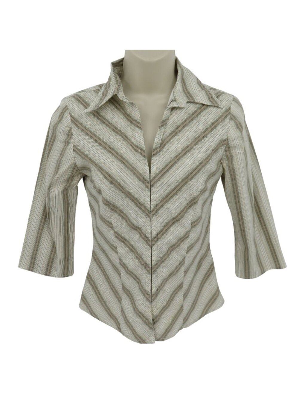 Y2K Heart Moon Star Junior Small Beige Chevron Stripe Collared Shirt Top Blouse